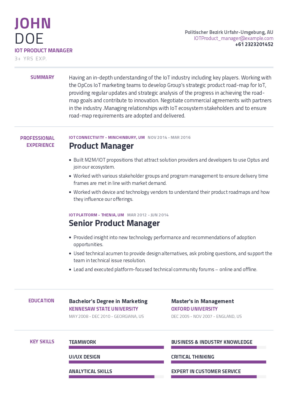 IOT Product Manager Resume Example