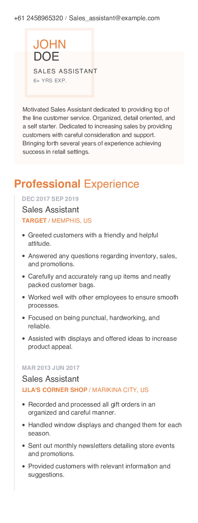 Sales Assistant Mobile Resume Example