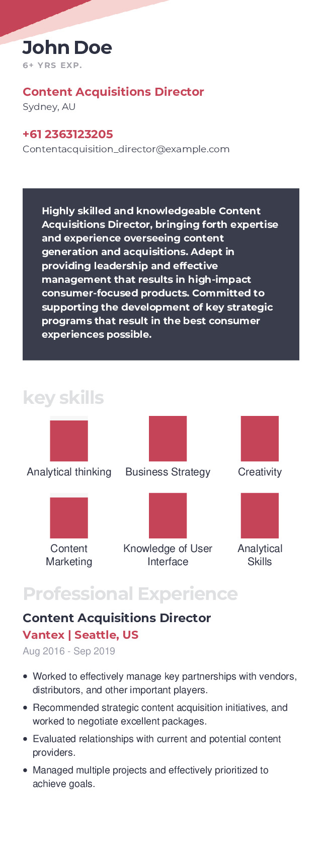 Content Acquisitions Director Mobile Resume Example