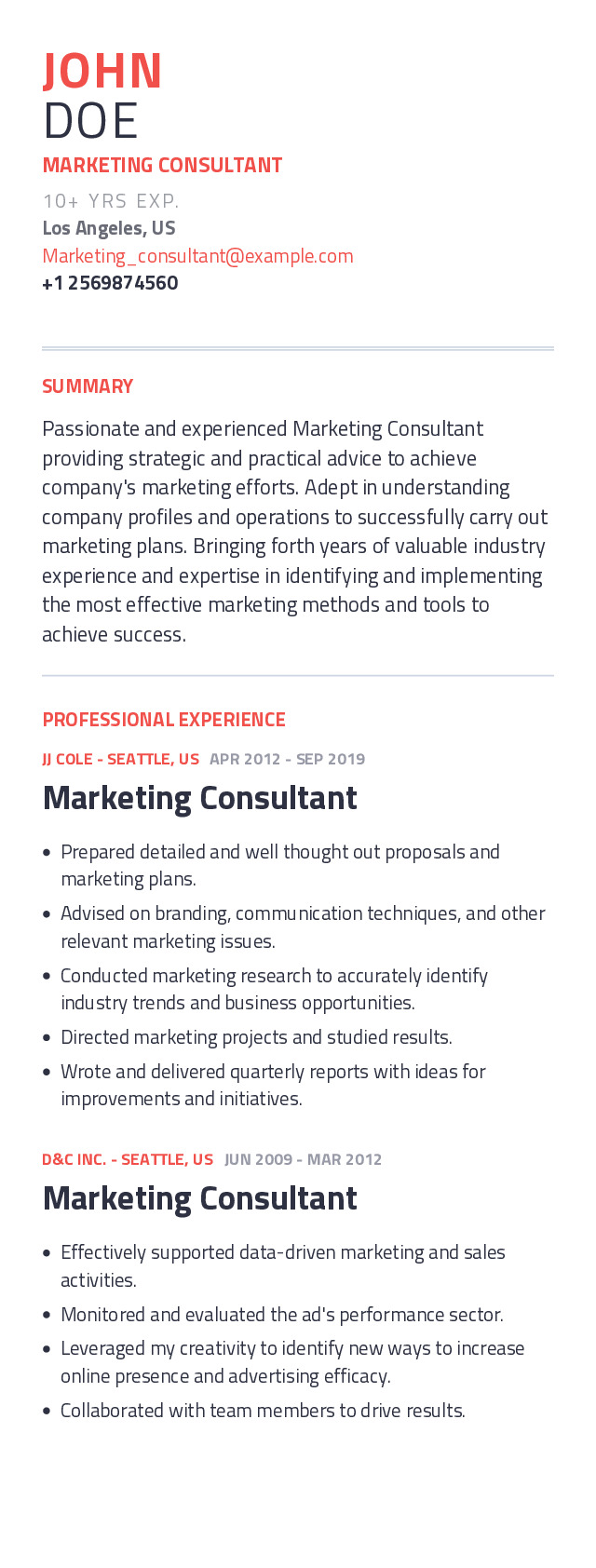 Marketing Consultant Mobile Resume Example