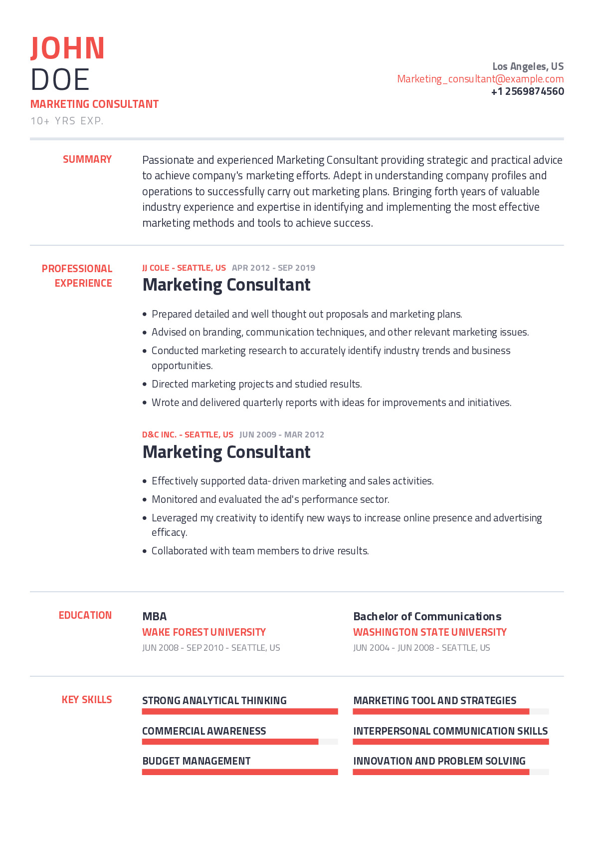 Marketing Consultant Resume Example