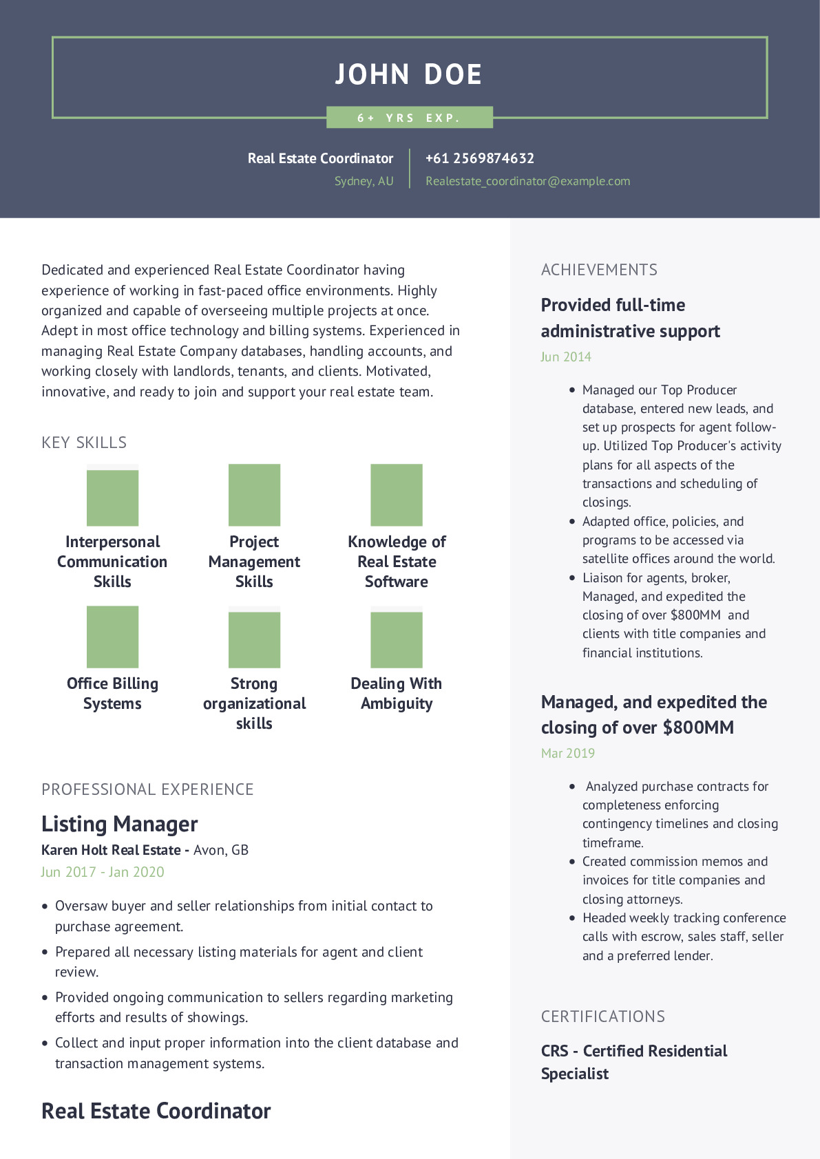 Real Estate Coordinator Resume Example