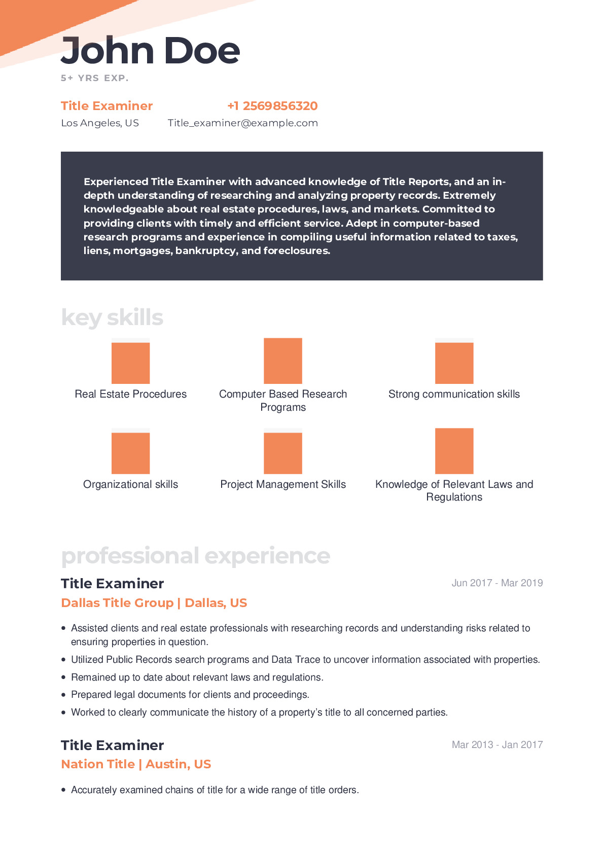 Title examiner Resume Example