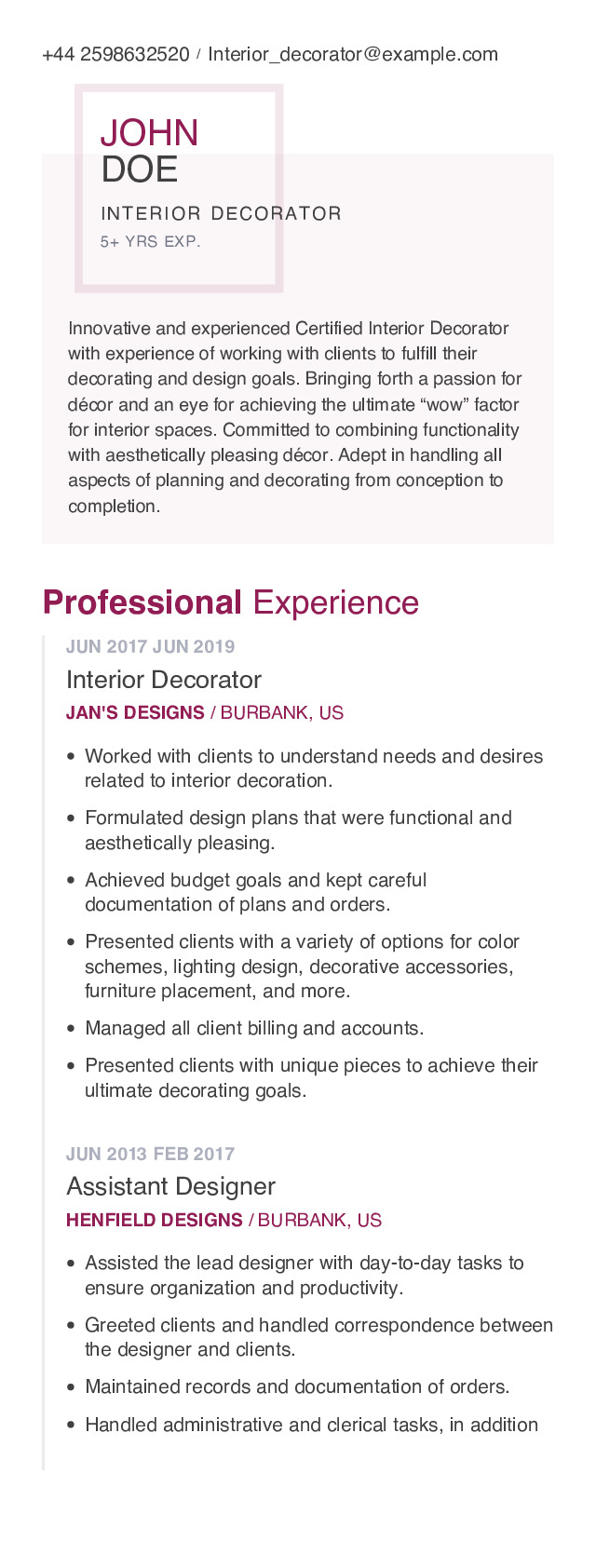 Interior Decorator Mobile Resume Example