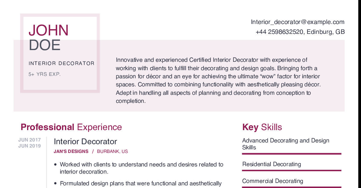 Interior Decorator Resume Example - Og 
