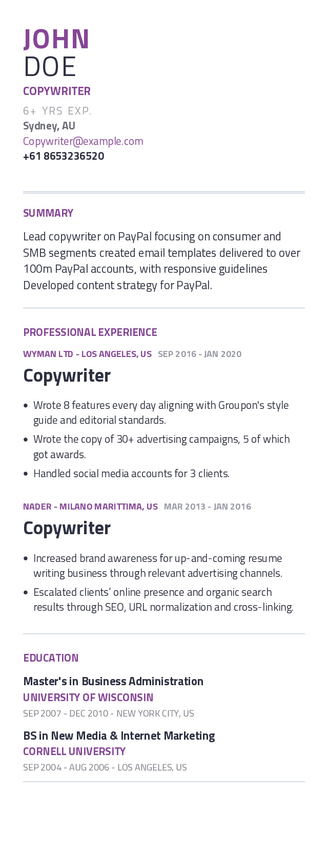 Copywriter Mobile Resume Example