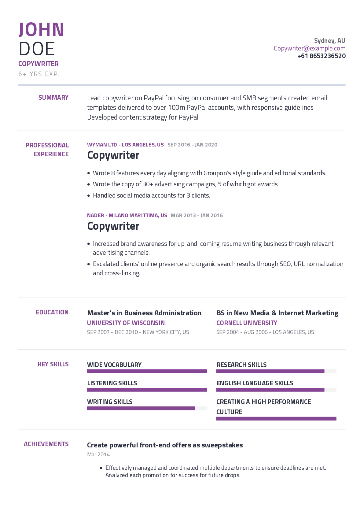 Copywriter Resume Example