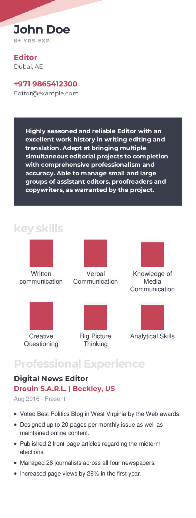 Editor Mobile Resume Example