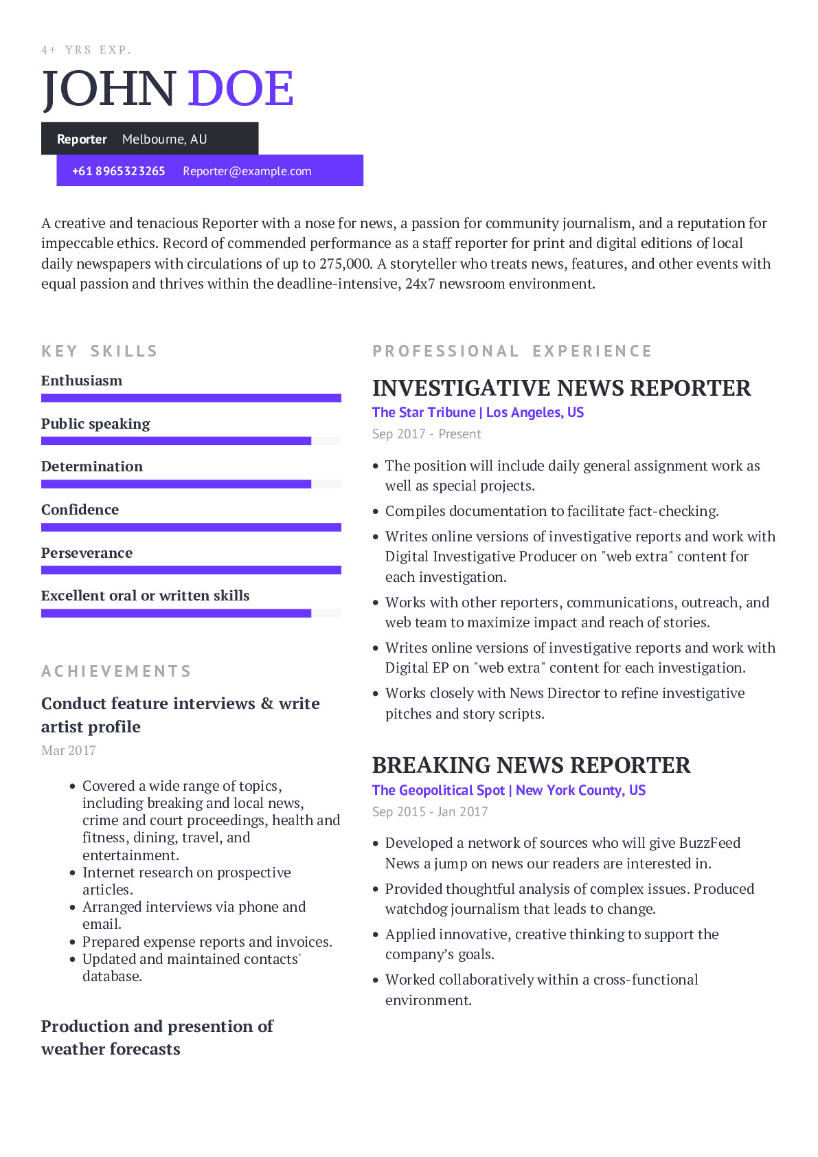 Reporter Resume Example