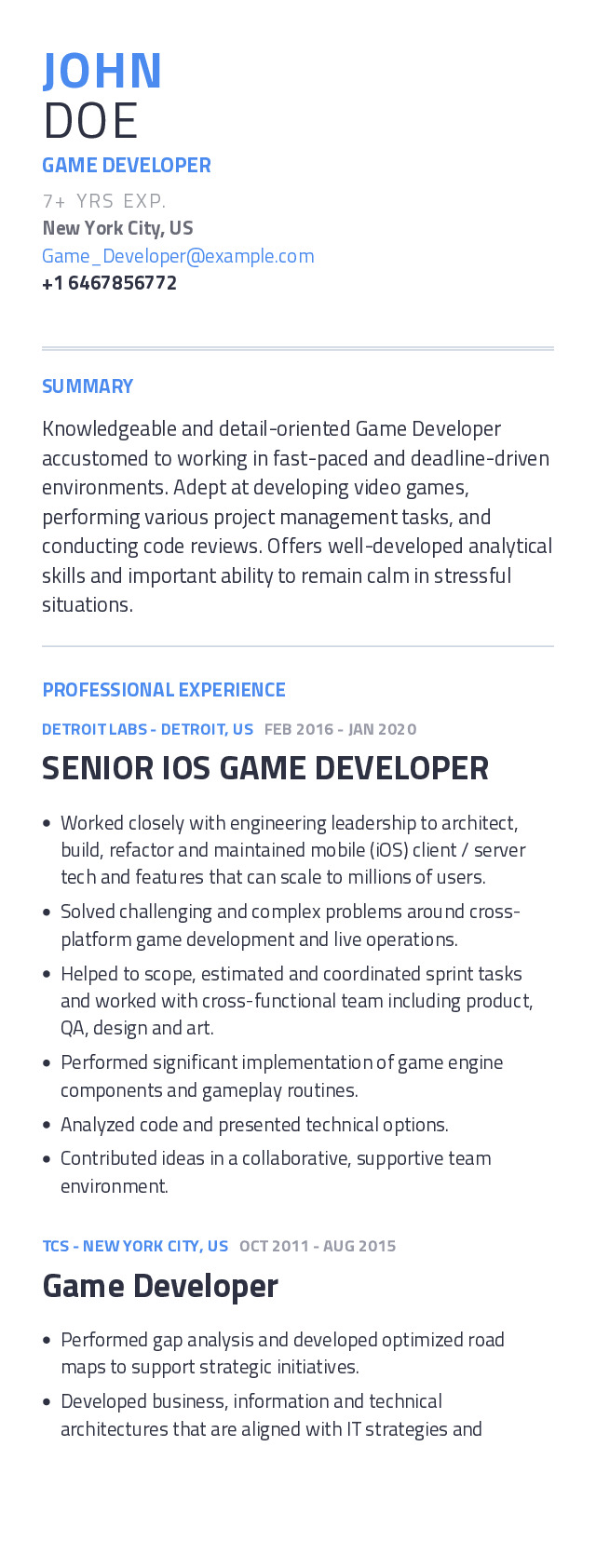 Game Developer Mobile Resume Example