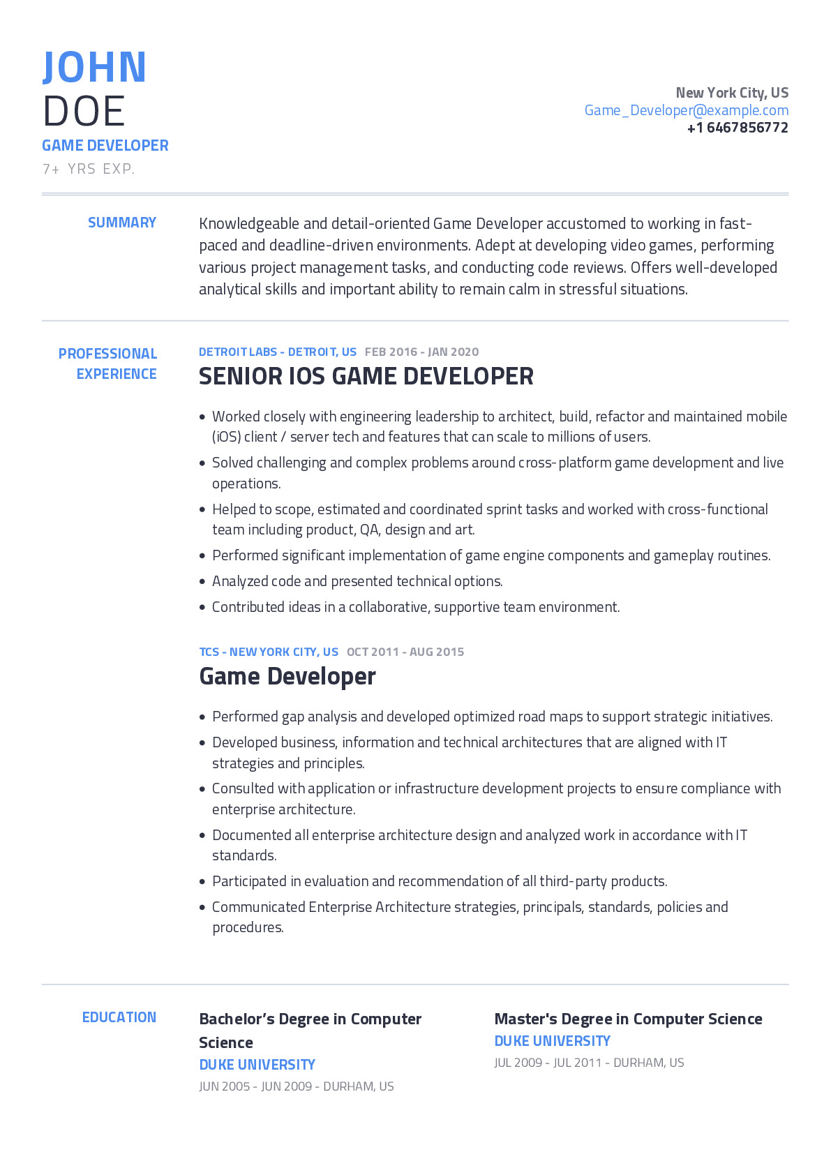 Game Developer Resume Example