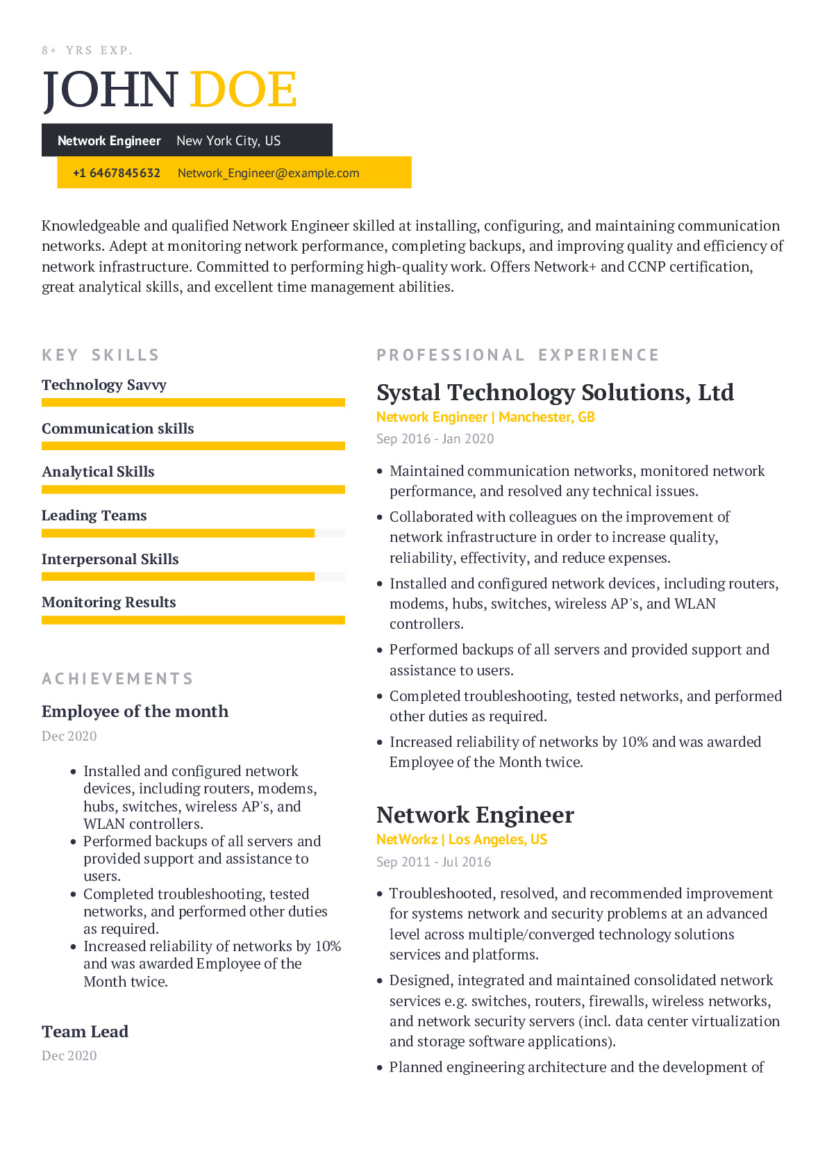 Network Engineer Resume Example