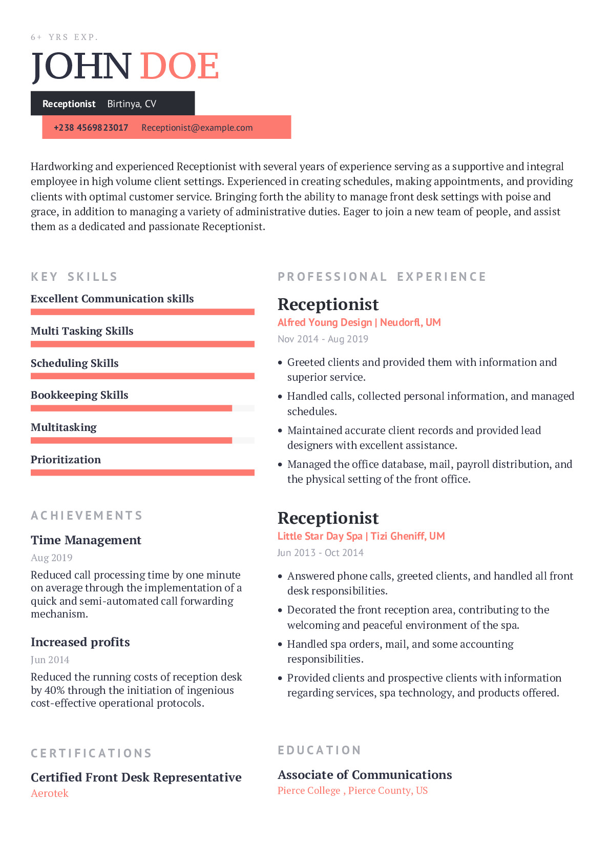 Receptionist Resume Example