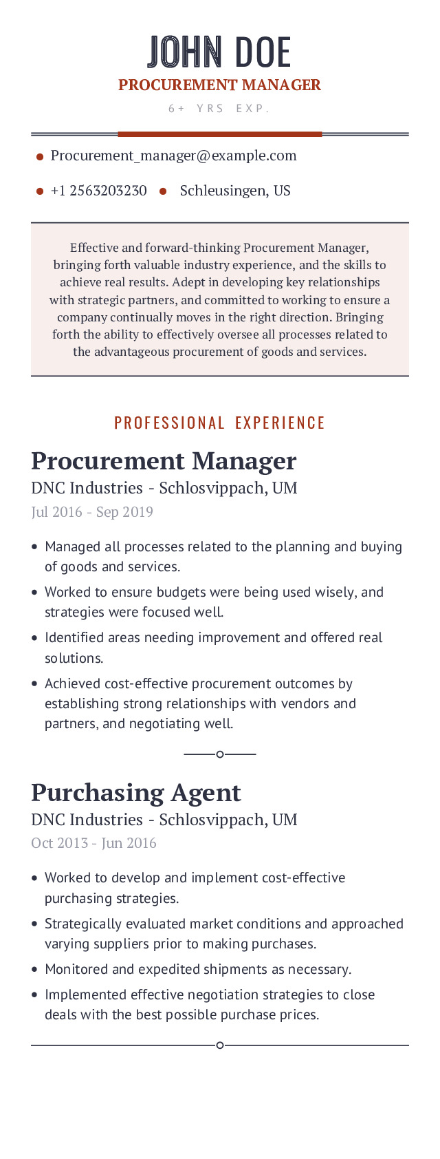 project procurement manager resume sample