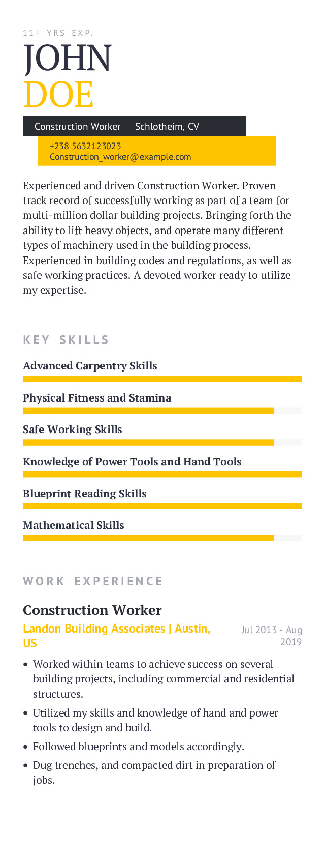 Construction Worker Mobile Resume Example