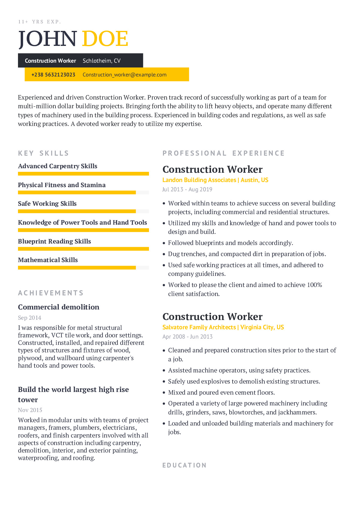 Construction Worker Resume Example